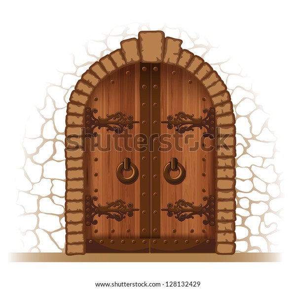 石垣にアーチ型の中世の木造の扉 のベクター画像素材 ロイヤリティフリー
