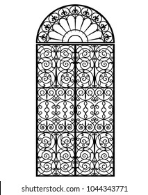 arched metal gate with forged ornaments on a white background