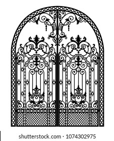 arched metal gate with forged ornaments on a white background