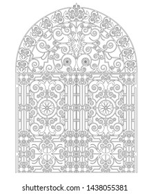 arched metal gate with forged ornaments on a white background