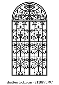 arched metal gate with forged ornaments on a white background