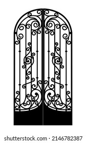 arched metal iron door with forged ornaments on a white background