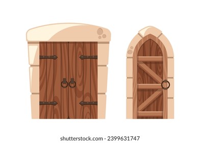 Arched and Rectangular Medieval Doors With Iron Knobs And Weathered Wood. Imposing Castle Doorways, Vector Illustration