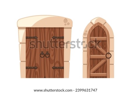 Arched and Rectangular Medieval Doors With Iron Knobs And Weathered Wood. Imposing Castle Doorways, Vector Illustration
