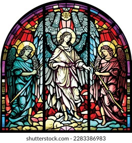 Arched stained glass window of the archangels Gabriel, Michael, and Raphael.