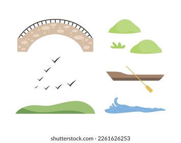 Arched Stone Bridge, Flying Birds, Boat with Oar and Green Bush as Landscape Constructor Element Vector Set