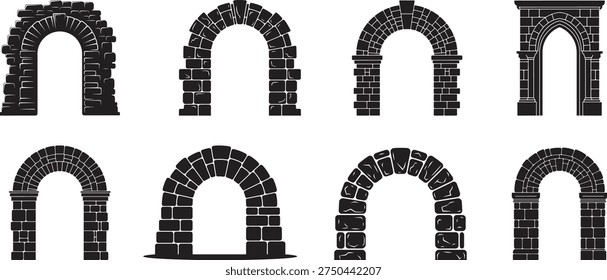 Arched stone entry designs silhouette collection, various styles, on white background.