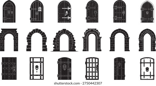 Arched stone entry, Medieval door, iron-bound door designs silhouette collection, various styles, on white background.