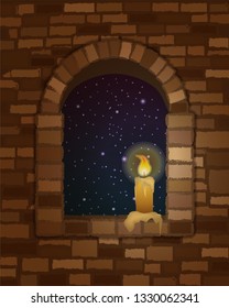 Arched stone window in romanesque style and candle, night background, vector illustration