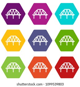 Arched train bridge icons 9 set coloful isolated on white for web