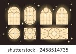 Arched vintage glowing windows with stained glasses different shapes and ornament on black wall with stars vector flat illustration. Church stained glass windows, chapel architecture frames