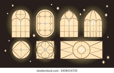 Arched vintage glowing windows with stained glasses different shapes and ornament on black wall with stars vector flat illustration. Church stained glass windows, chapel architecture frames