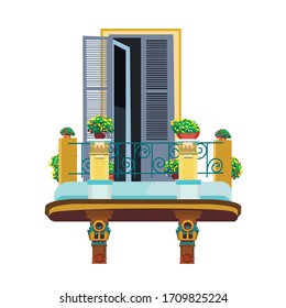 Arched window with balcony, houseplant decor and ornate handrail isolated on white background. Exterior view of window facade with plant - flat vector illustration