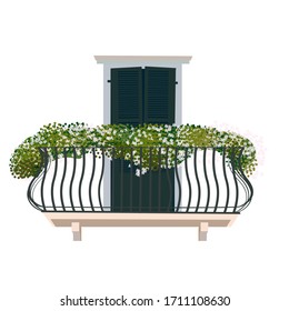 Arched window with balcony, houseplant decor and ornate handrail isolated on white background. Exterior view of window facade with plant - flat vector illustration svg