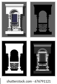 Arched window in Baroque style on the black and gray backgrounds