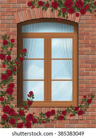 Arched window in brick wall decorated branches climbing red rose.