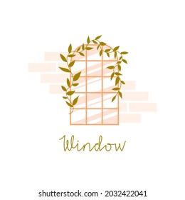 Ventana arcaica con una planta trepadora sobre fondo de ladrillo. Una vid que crece alrededor de la ventana. Ilustración plana del vector