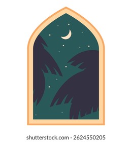 Arched window framing crescent moon over swaying palm trees and starry night sky
