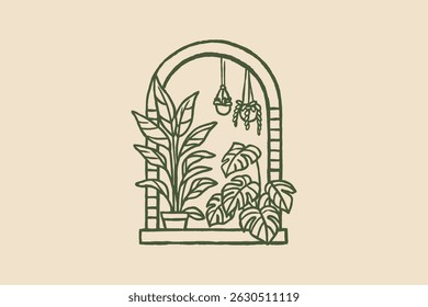 Arched window with houseplants line sketch vector illustration	
