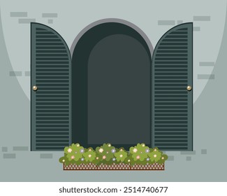 Arched window with shutters and flowers