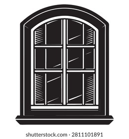 Arched window with six panes and white lines isolated on transparent background