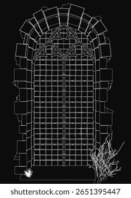 Arched window sketched in black and white, featuring a potted plant in the foreground. The dark background enhances the contrast, creating a dramatic and artistic composition.