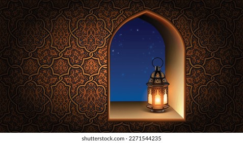  Ventana con arcos en la pared decorada con un adorno oriental. Lámpara brillante en el umbral de la ventana. Ilustración realista detallada y alta.