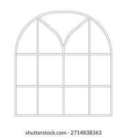 Ventana arqueada con marco de madera objeto de línea 2D. Fachada de casa. Característica arquitectónica, interior, bienes raíces. Decoración rústica de paneles aislados Clipart Vector tinta elemento de contorno. Ilustración de punto monocromo