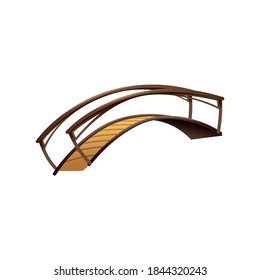 Arched wooden bridge. Flat 3D isometric. Engineering tree structure across the river. Viaduct. Beams and supports. Vector illustration.