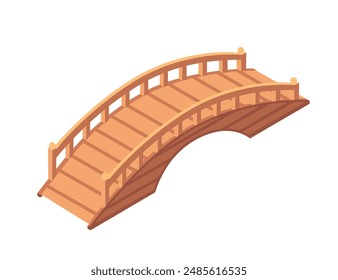 Arched wooden bridge with railings. Smooth, curved design bridge constructed from light brown wood planks. Isometric style vector illustration isolated on white background