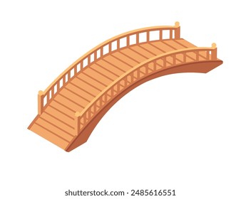 Arched wooden bridge with railings. Smooth, curved design bridge constructed from light brown wood planks. Isometric style vector illustration isolated on white background