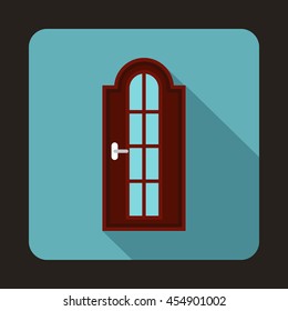 Arched wooden door with glass icon in flat style on a baby blue background