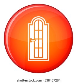 Arched wooden door with glass icon in red circle isolated on white background vector illustration