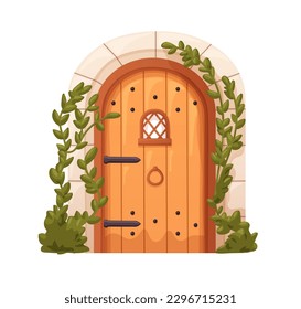 Arched wooden door to old medieval house. Ancient vintage doorway, wood entrance with knocker and small window, leaves, ivy plant. Flat graphic vector illustration isolated on white background