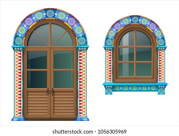 Arched wooden doors and window in Mexican or Spanish style with bright colored ornamental frame. Vector graphics