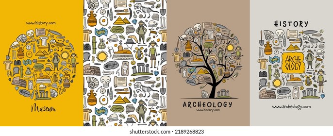 Archelogy, historic concept arts collection. Frame, background, tree. Set for your design project - cards, banners, poster, web, print, social media, promotional materials. Vector illustration