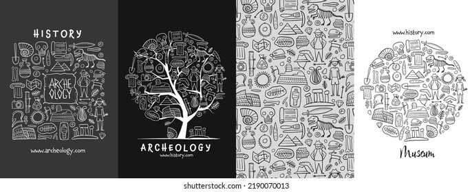 Archelogy, historic concept arts collection. Frame, background, tree. Set for your design project - cards, banners, poster, web, print, social media, promotional materials. Vector illustration