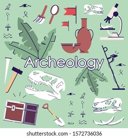 Archelogy vector web banner vector template. Archaeological equipment and artifacts cartoon color icons background. Historical and paleontological field research flat illustration set