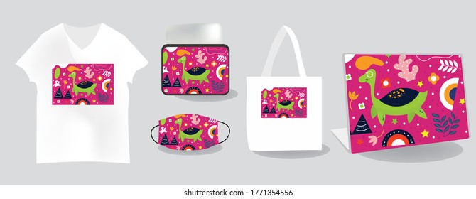 Archelon background with Mockup templates vector illustration. tote bag, pouch, t-shirt, mask, skin laptop