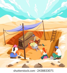 Archeological excavation. Archaeological excavations work, archeology history education cartoon archaeologist digging artifacts prehistoric fossil in pit vector illustration of excavation ancient