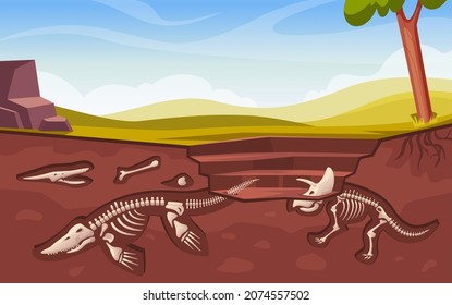 Archeological excavation. Dinosaur bones skeleton underground artifacts fossilized works historical cartoon background exact vector archeology concept