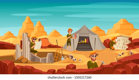 Archeological excavation flat vector illustration. Archeology and history science expedition to African desert. Historians cartoon characters searching artifacts. Archaeologists digging, researching