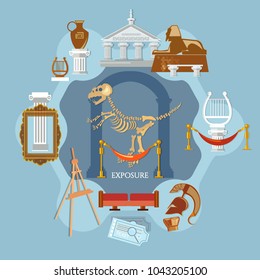 Archeological museum of antiquity and natural science, exposition ancient civilizations flat concept 