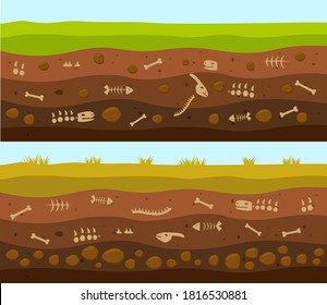 Archeological And Paleontological Backgrounds Or Banners.  Archaeology Excavation And Achaeologists Unearth Ancient Artifacts, Dinosaur Bones