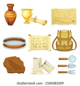 Archeological tools and artifacts set. Ancient papyrus, ruined marble pillar, archeological map, vase vector illustration