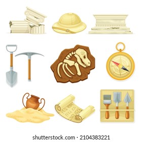 Archeological tools and artifacts set. Shovel, pickaxe, ancient papyrus, ruined marble pillar vector illustration