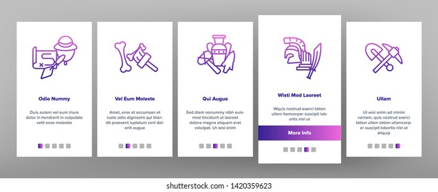 Archeological Tools And Excavations Vector Onboarding Mobile App Page Screen. Archeology Science. Archeologist Equipment. Antique Greek Pottery, Historical Artifacts Illustration