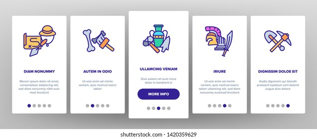 Archeological Tools And Excavations Vector Onboarding Mobile App Page Screen. Archeology Science. Archeologist Equipment. Antique Greek Pottery, Historical Artifacts Illustration