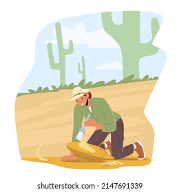 Archeologist Explore and Studying Dinosaurs Fossil Skeleton Bones., Paleontology Scientist Working on Excavations, Digging and Clean with Brush Ancient Artifacts. Cartoon People Vector Illustration