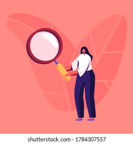 Archeologist Female Character Watching through Magnifying Glass. Anthropologist Scientist Working on Excavations Exploring Ancient Artifacts. Student Study Prehistory Ages. Cartoon Vector Illustration